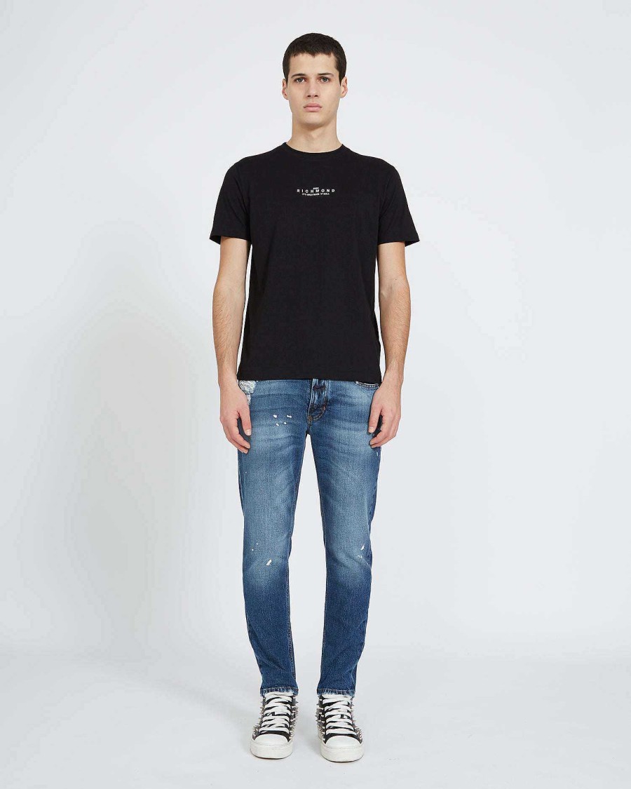 Uomo John Richmond Jeans | Jeans Slim Con Strappi Sul Davanti E Stampa Sul Retro