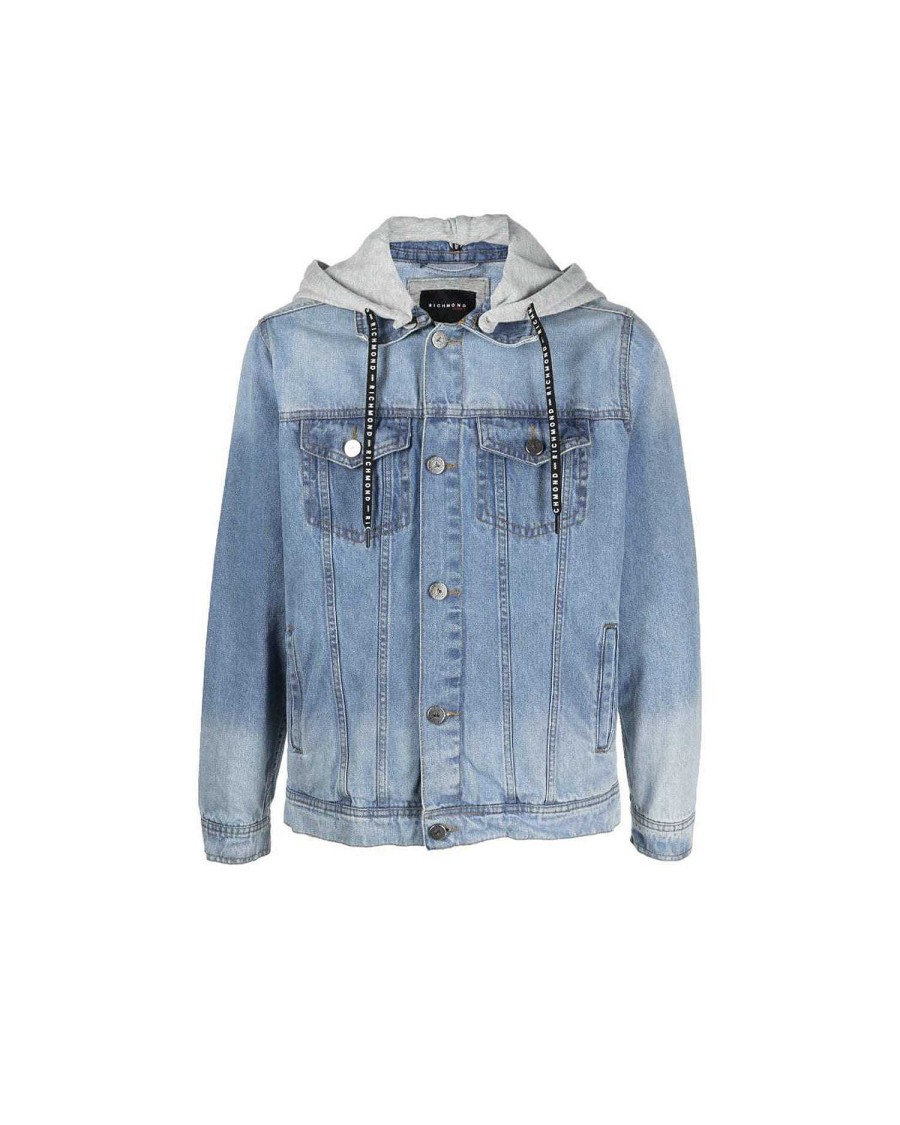 Archivi John Richmond Giovanni Richmond | Giubbotto In Denim Con Cappuccio E Logo A Contrasto